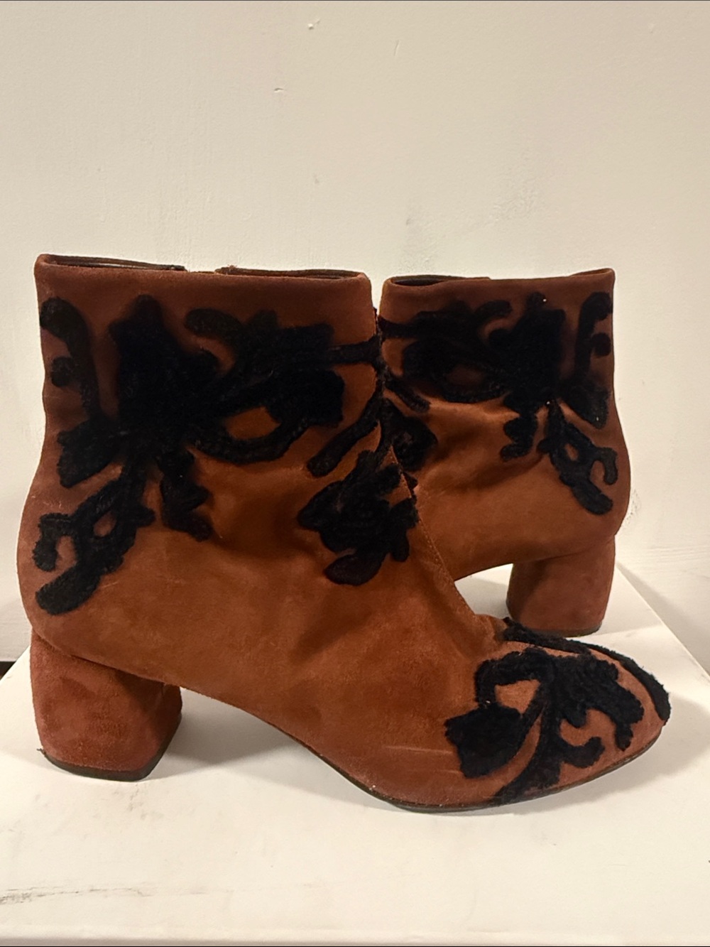 AGL Women’s Brown/Cognac Suede Ankle Boots with Black Floral Appliqué